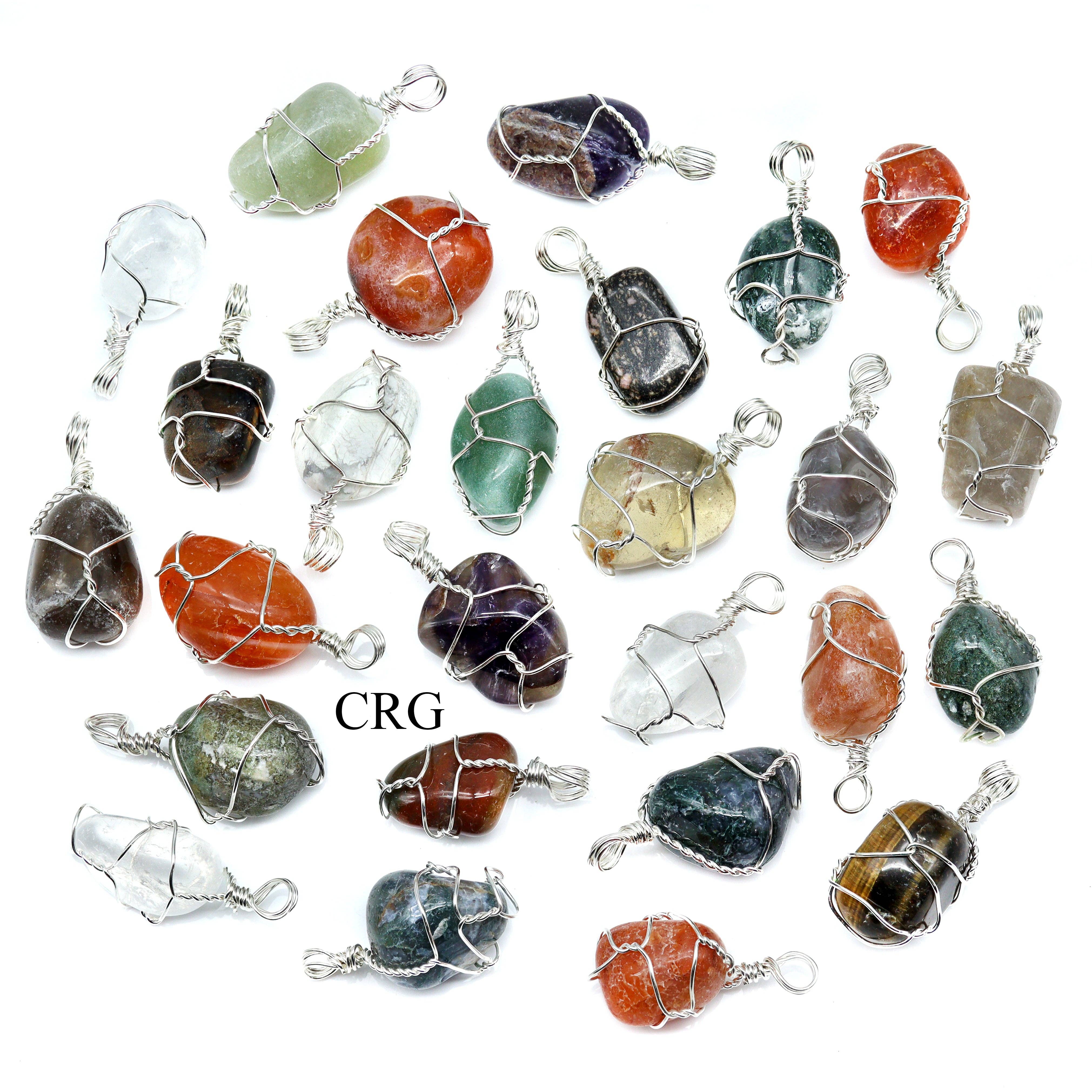 QTY 10 - Tumbled Stone Pendants w/ Silver Wire Wrapping