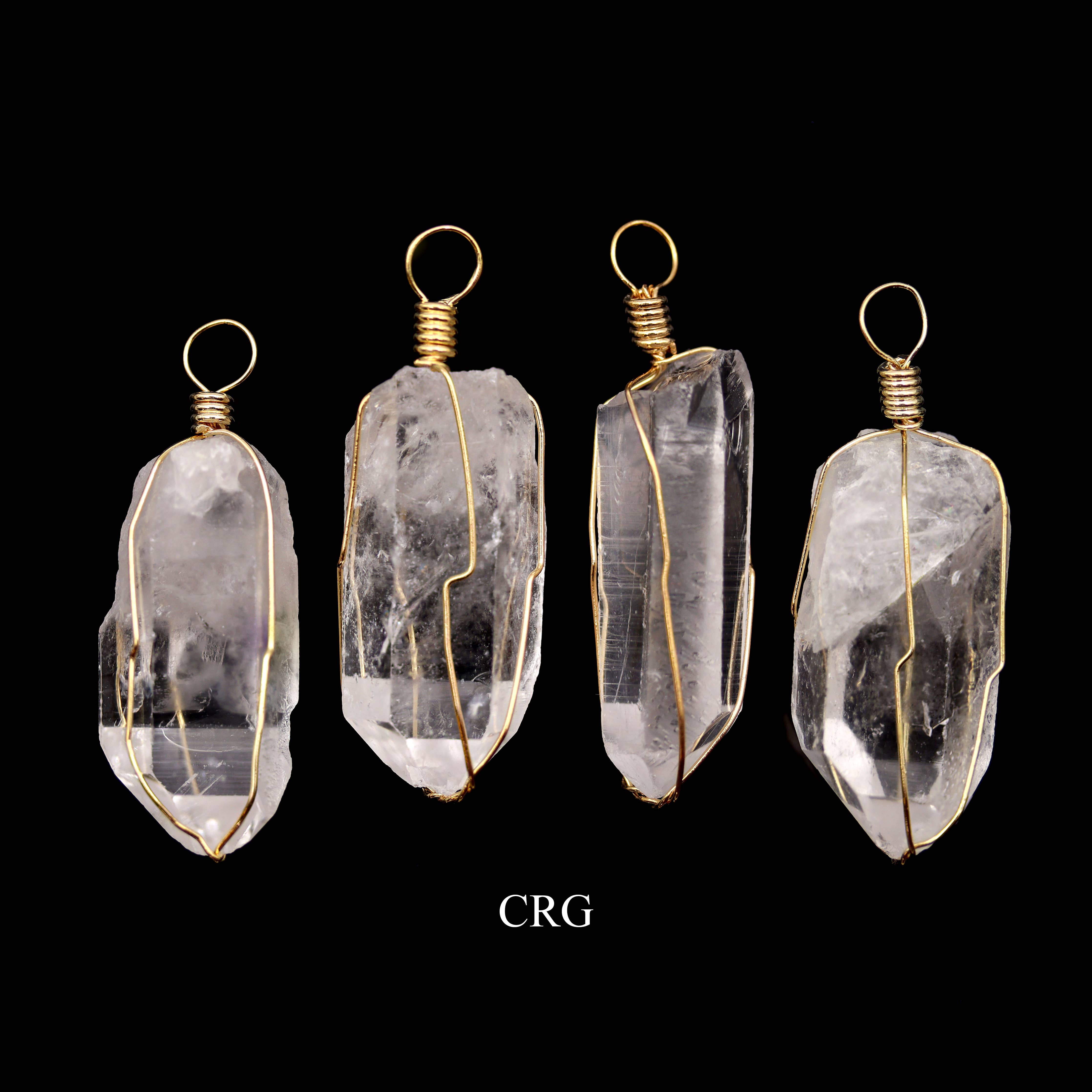 SET OF 4 - Quartz Crystal Point Pendant with Gold Wire Cage